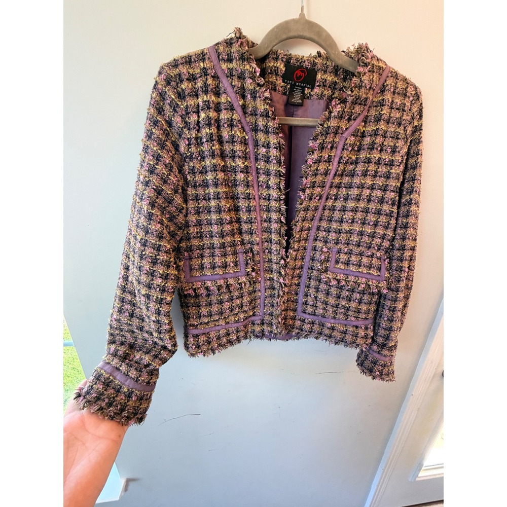 True Meaning Tweed Jacket Women Large Purple Plaid Fringe Trim Professional Y2K